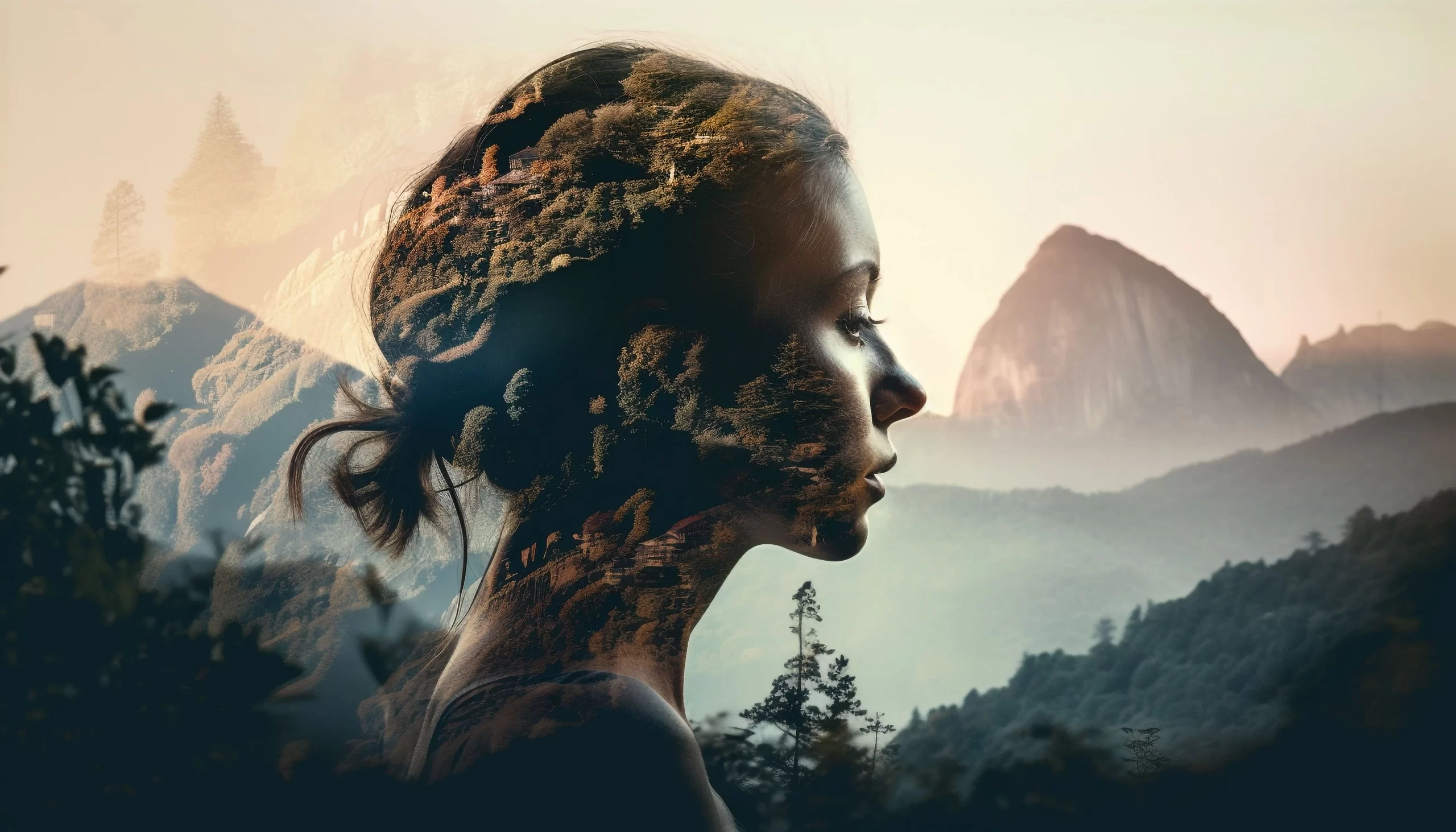 Silhueta do rosto de uma mulher de perfil se misturando à paisagem com árvores e montanhas