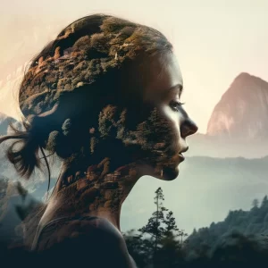 Silhueta do rosto de uma mulher de perfil se misturando à paisagem com árvores e montanhas